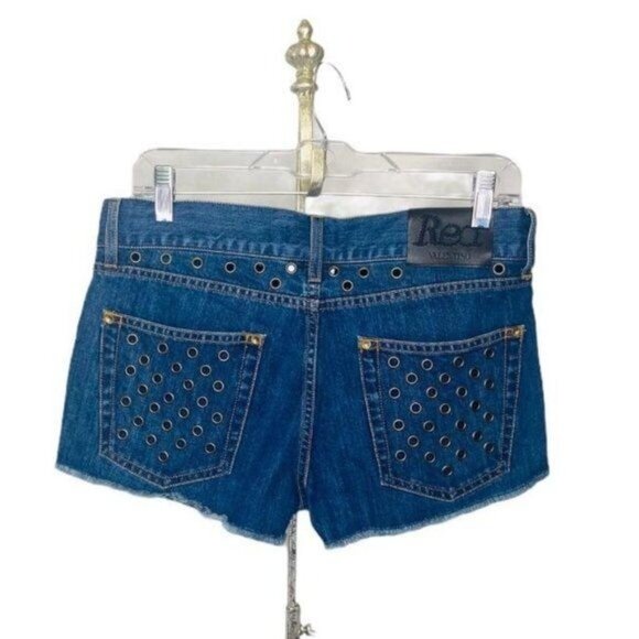 Red Valentino Mini Denim Shorts Five-Pocket Perforated Metal Grommets Sz 28 NWOT - Picture 3 of 7